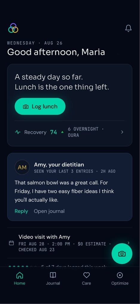 Sample Home screen with a daily status line and a dietitian message