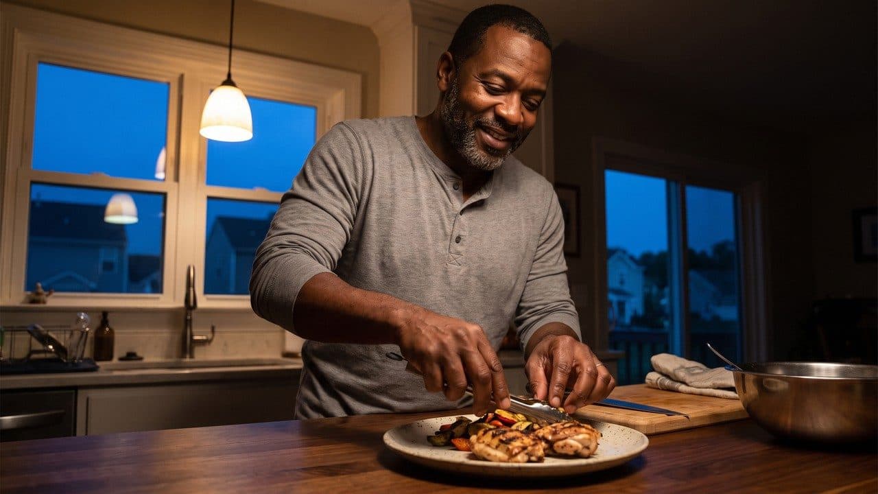 A smiling man in a grey henley plating grilled chicken and roasted vegetables in his home kitchen at dusk