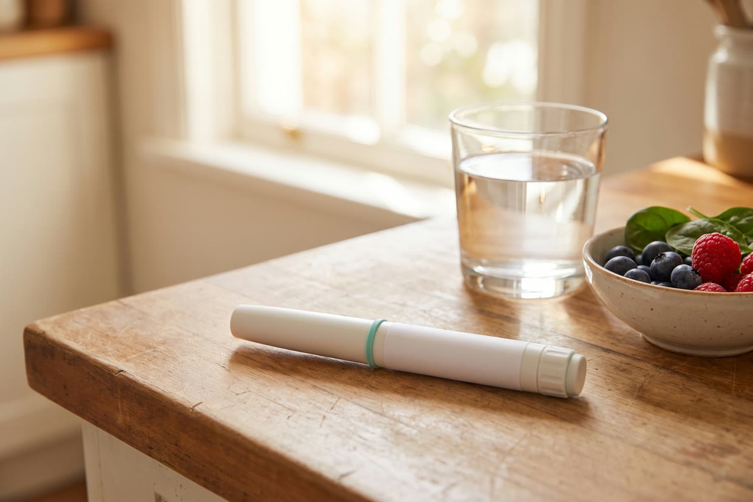 An unbranded injection pen on a kitchen counter beside water and fresh berries