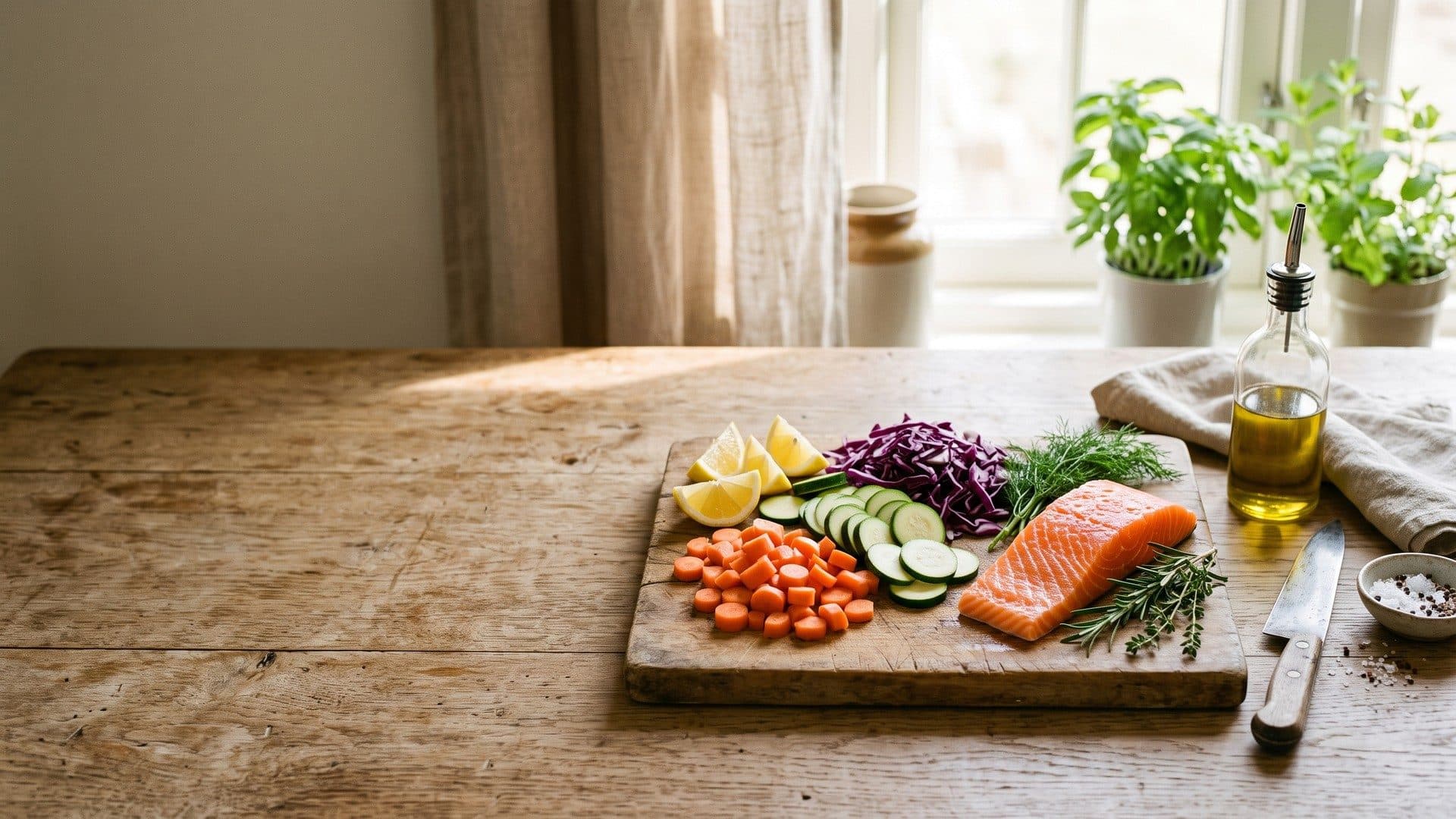 Salmon, carrots, zucchini, red cabbage, lemon and herbs on a wooden board on a kitchen table by a window