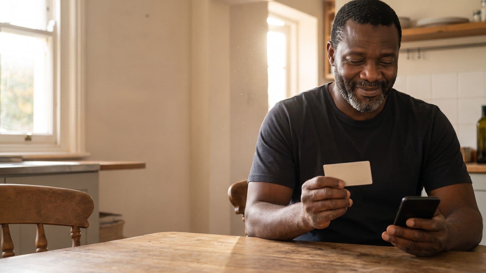 A smiling man at a sunlit kitchen table holding a blank card in one hand and a phone in the other
