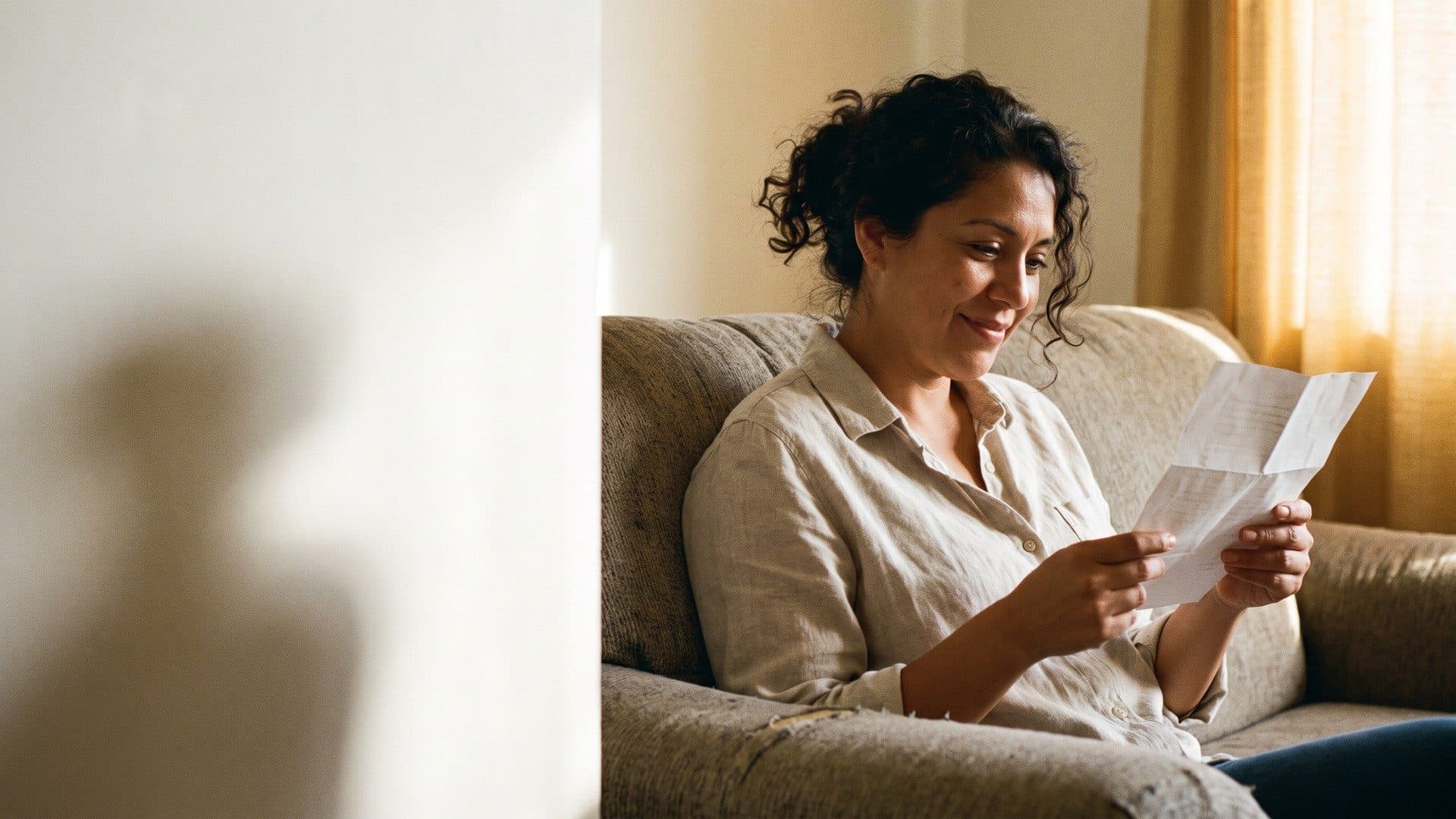 A woman smiling as she reads a letter on a sofa in warm window light