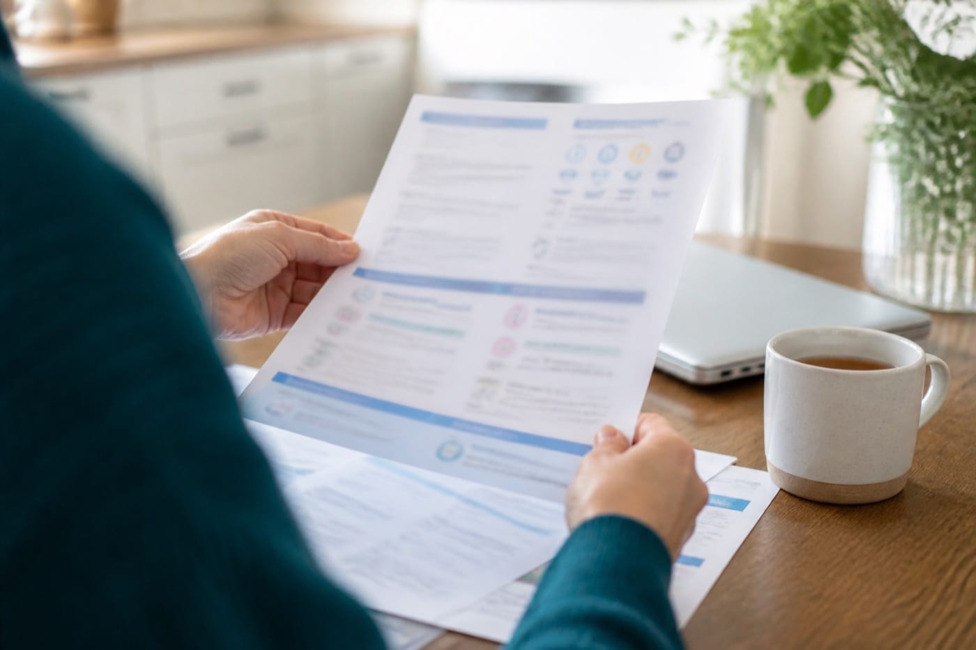 Hands holding a printed benefits report at a kitchen table