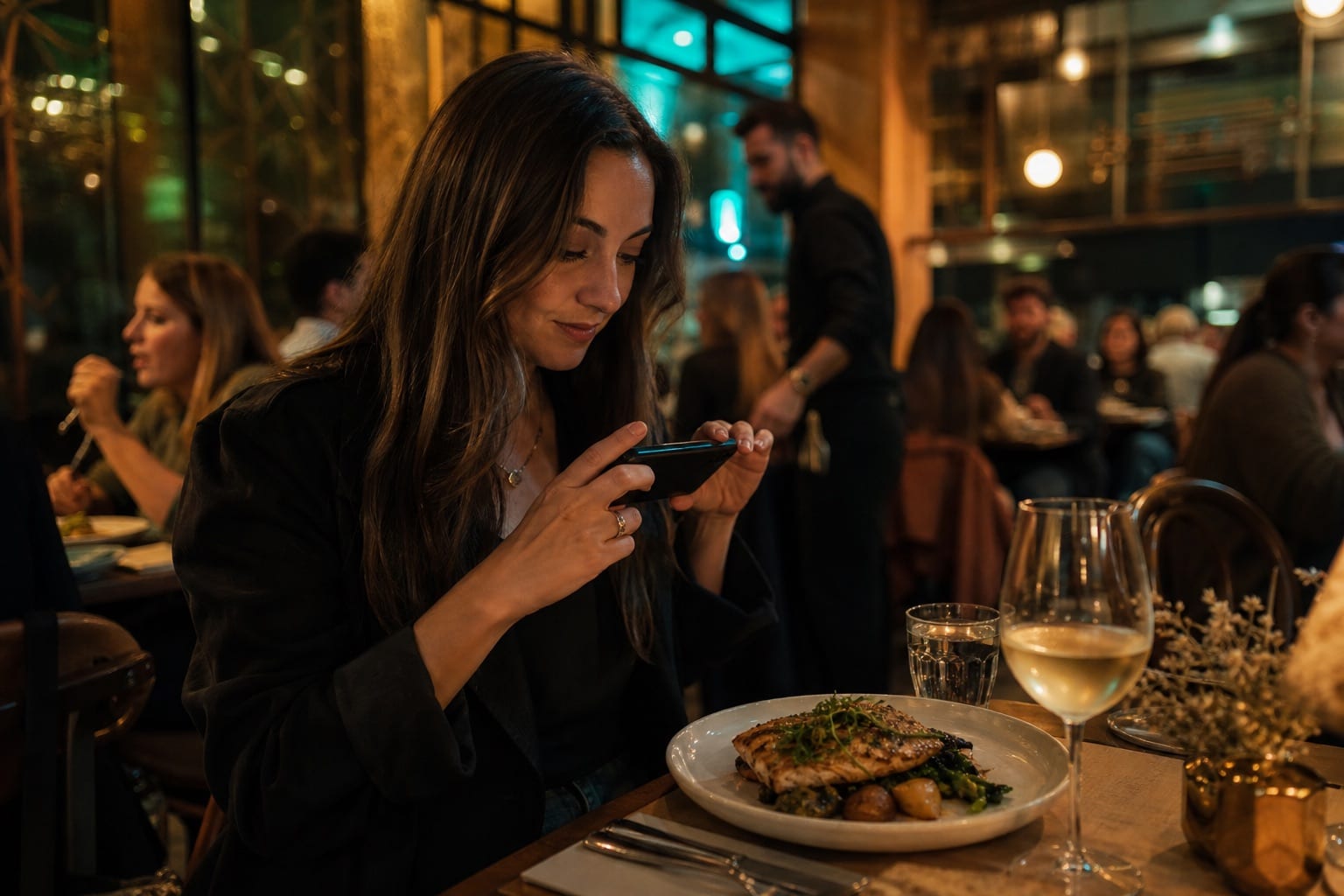 A diner photographing a plated meal at a restaurant table