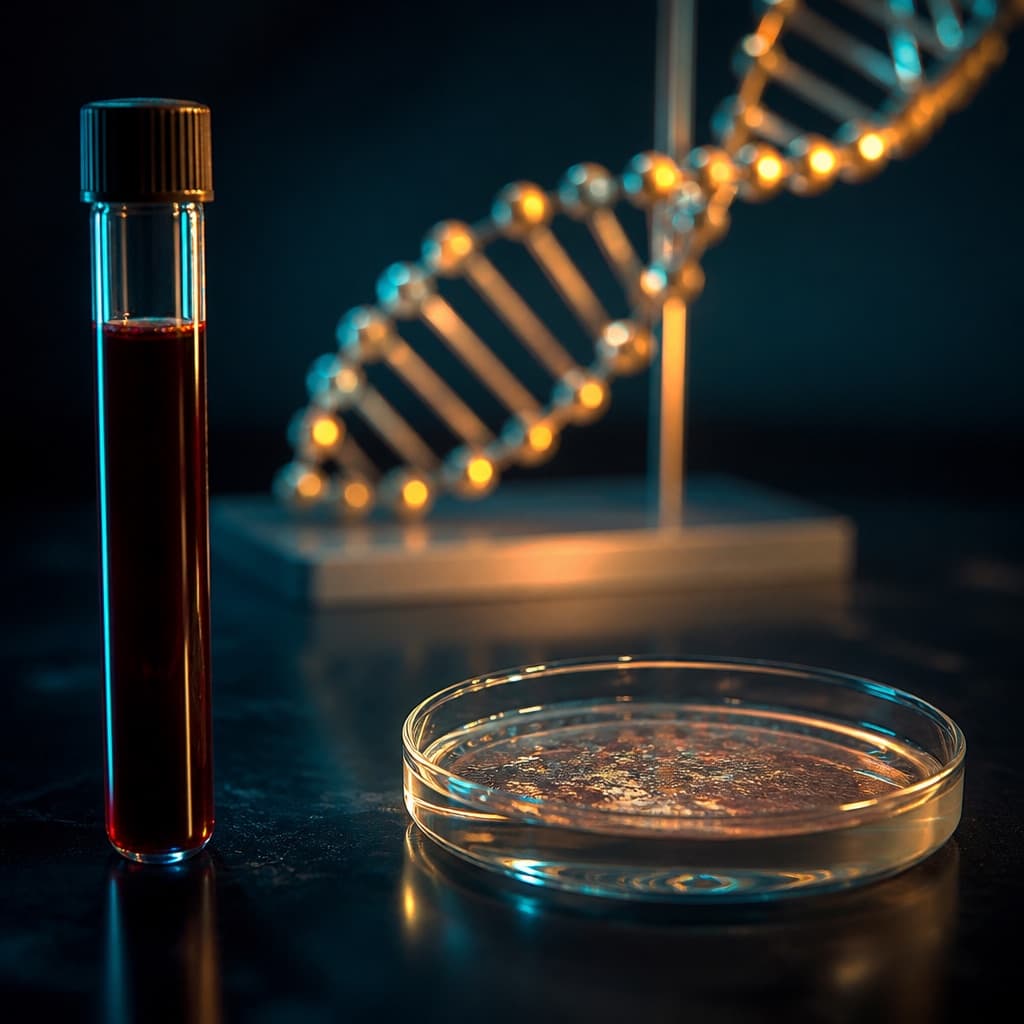 A blood-sample tube and petri dish on a dark lab bench
