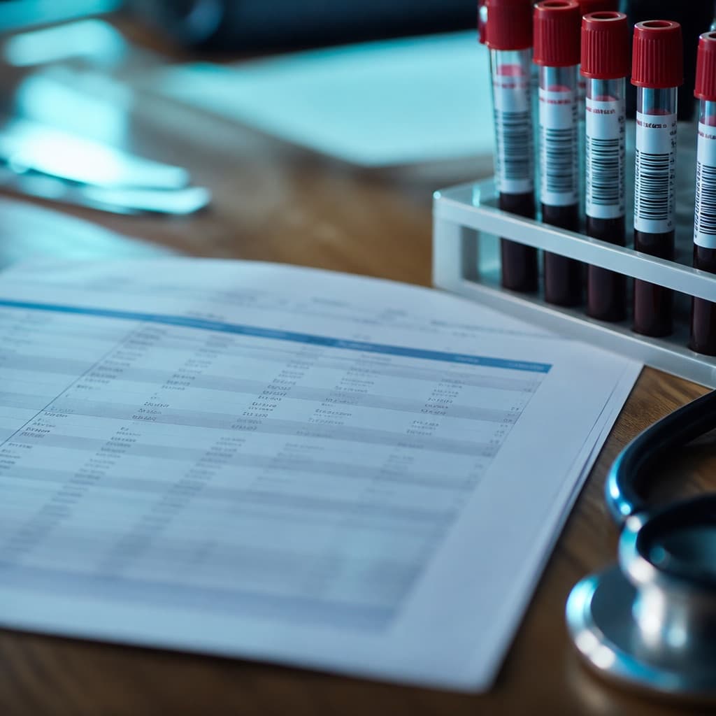 A printed lab report beside a rack of blood-collection tubes