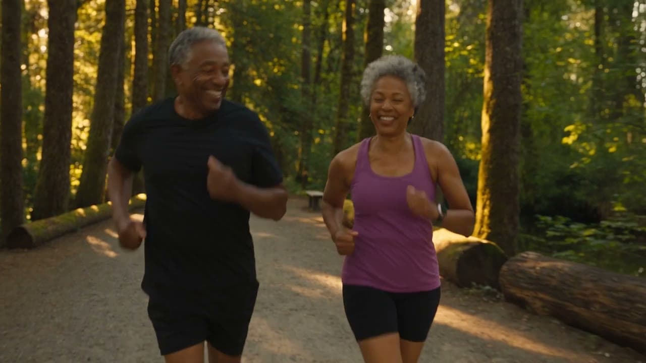 Couple jogging together on a sunlit forest trail