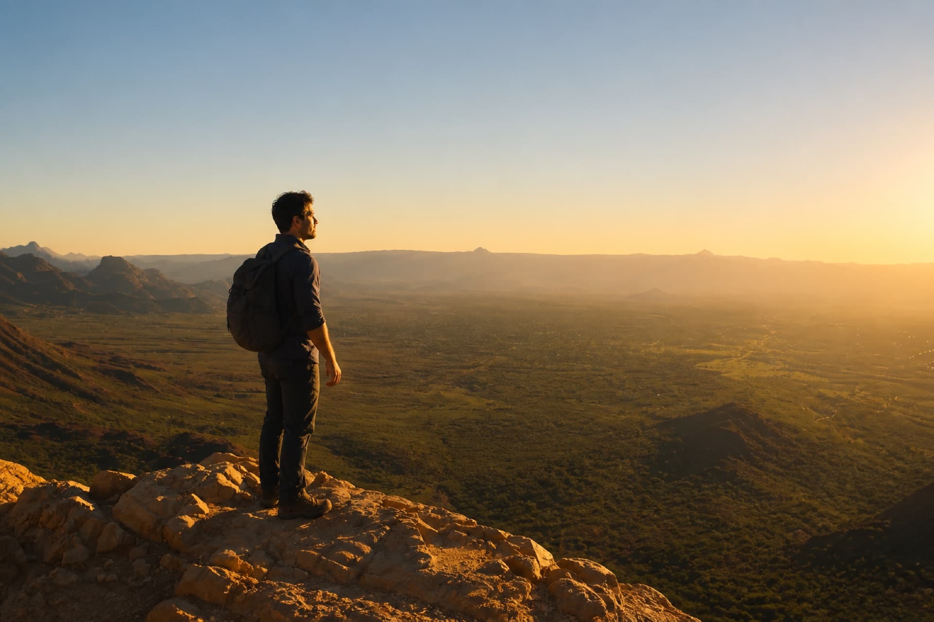 Hiker on a rocky slope in golden light, looking out over a valley