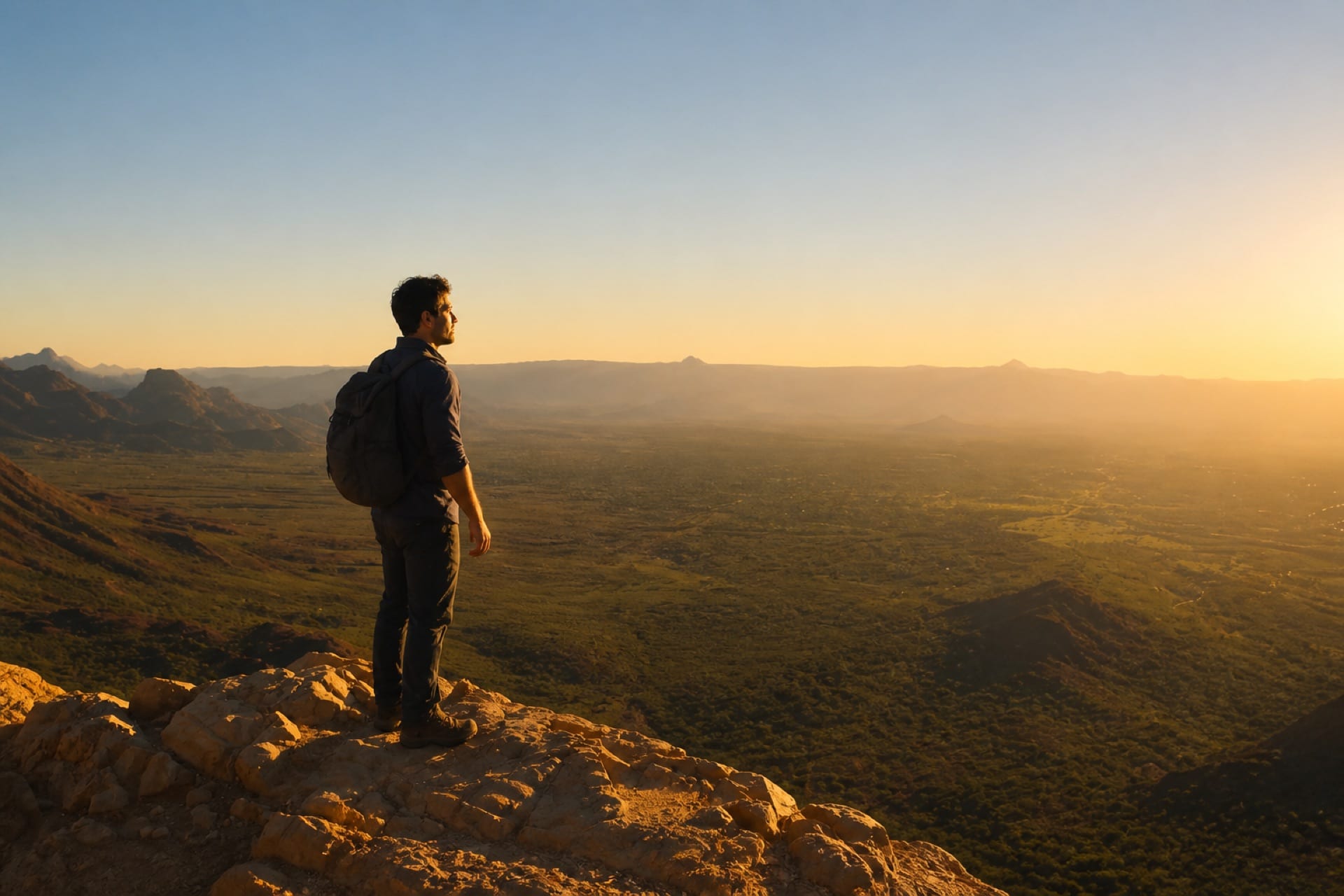 Hiker on a rocky slope in golden light, looking out over a valley