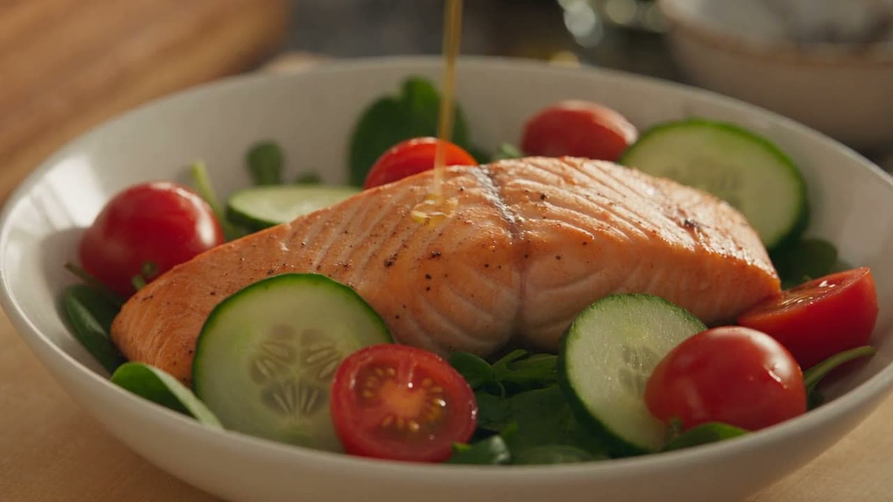 Olive oil poured over a seared salmon and vegetable bowl