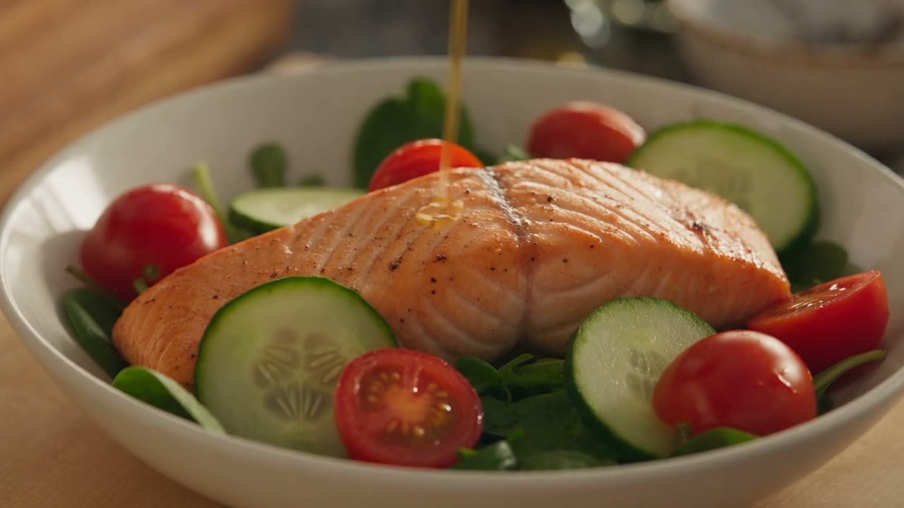 Seared salmon with spinach, cucumber, and tomatoes