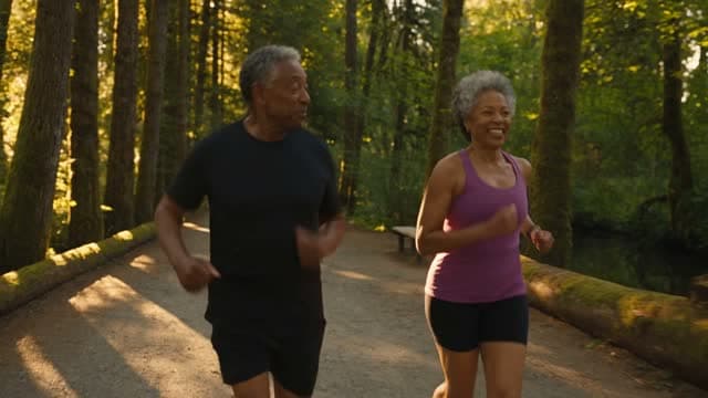 Two people walking on a wooded trail
